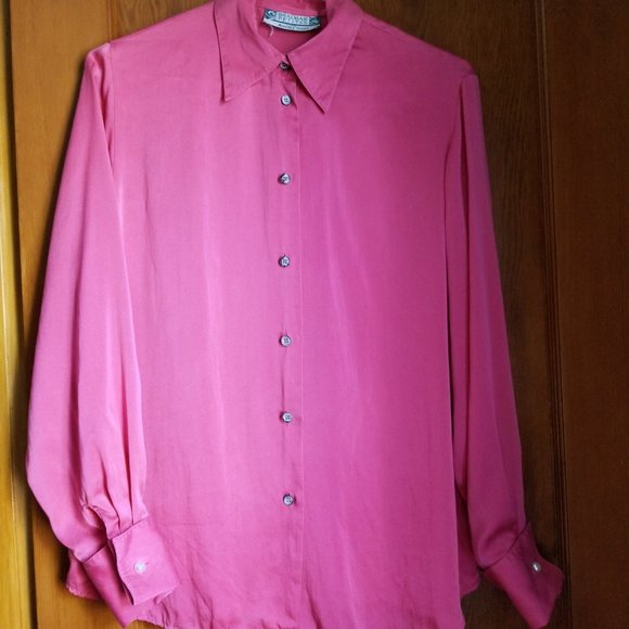 Vintage 90s, satin blouse, round hem, L, M, mop buttons, rose pink,  Braemar - Picture 2 of 9